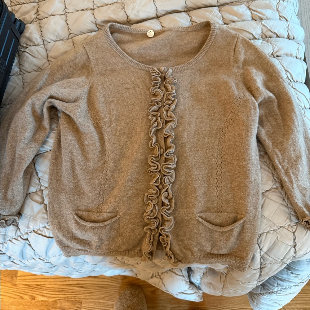 Margaret O’Leary 100% cashmere coco light brown cardigan with ruffles - Size L